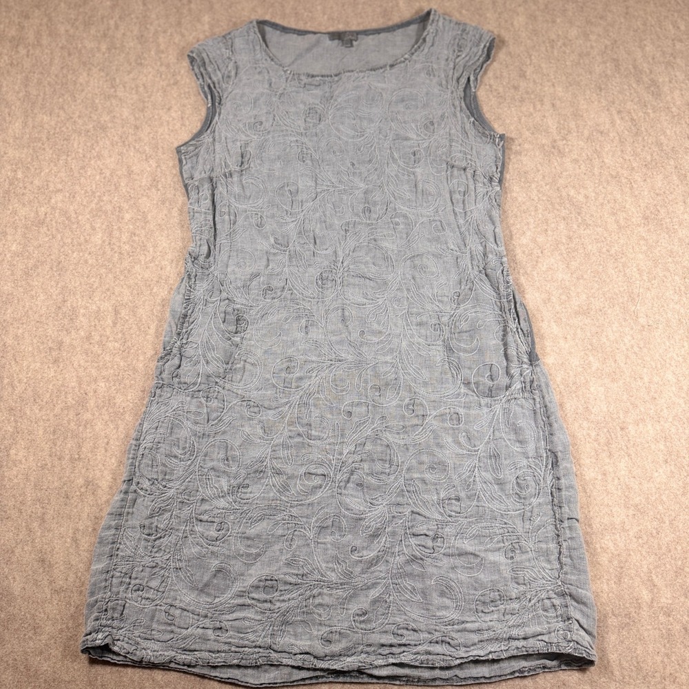 Lina Tomei Dress Womens XL Gray Embroidered Linen Cotton Blend Made in Italy